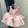 Vestido de Princesa Satinado para Niña con Tira de Flor Tridimensional Vestido de Desempeño para Primer Cumpleaños de Bebé Venta al por Mayor