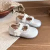 Zapatos de Princesa para Niña con Suela Suave Otoño Nuevo Estilo Mary Jane Ballet Zapatos Pequeños de Cuero Flor Plegada Zapatos Individuales para Actuación Infantil