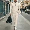 Conjunto Masculino de Malha Waffle com Zíper Meio e Gola Alta, Blusão de Manga Longa e Calça Reta Conjunto de Duas Peças, Roupa Casual Cross-Border