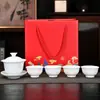 Porcelana Blanca de Dehua 1 Tapa de Tazón 4 Tazas Juego de Té Kung Fu Taza de Té de Cerámica para el Hogar Tapa de Tazón Set en Caja de Regalo Regalo Festivo