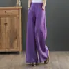 Pantalones Largos de Verano Holgados Pierna Ancha de Lino Algodón Retro Talla Grande para Mujer Pantalones Casuales Monje de Lino Algodón Elástico Artístico de Color Sólido