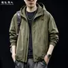 Chamarra con Capucha Estilo Funcional "Ligera para Exteriores" para Hombre Otoño Nueva Verde Militar Holgada Talla Extra Impermeable con Cremallera