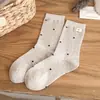 Meias femininas Melard, estilo outono e inverno, meias franzidas estilo coreano com laço, estampa de bolinhas de desenho animado, acabamento em renda, comprimento até a panturrilha, meias femininas sem costura