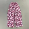 Calça Casual K-Pop Estilo Coreano Primavera e Outono Kawaii Feminina Rosa Camuflado Cintura com Cordão Doce Cool High Street Calça Longa