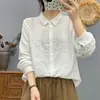 Camisa de mujer de manga larga de gasa de doble capa de algodón puro, nuevo estilo primavera y otoño 2026, encaje grande artístico, camisa versátil casual holgada