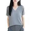 Camiseta 100% Tencel Lyocell 2026 nuevo verano cuello en V manga corta abullonada color liso adelgazante de punto moderno