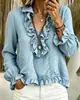 Amazon transfronterizo verano nuevo moda europea y americana cuello en V volantes manga larga top, camisa estilo vacacional para mujer