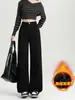 Jeans Negros de Pierna Ancha Talla Plus para Mujer, Otoño e Invierno, Forrados de Felpa, Adelgazantes, Casuales, Versátiles, de Cintura Alta, Pantalones de Pierna Recta, Pantalones Largos