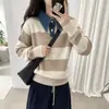 Estilo Coreano Estilo Academia Cuello de Mezclilla Tejido de Punto Rayado Blanco y Negro para Mujer Otoño Invierno Transfronterizo Nuevo Estilo Bloque de Color Versátil Suéter Adelgazante