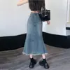 Falda de Mezclilla con Flecos para Mujer Verano Estilo ins Nicho Retro Cintura Alta Cadera Falda de Longitud Media Línea A Falda de Moda
