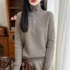 Suéter Pesado de Lã 100% Pura Torcida e Grossa para Mulheres, Camisa Base Tricotada, Corte Solto, Meio Zíper, Gola Alta, Suéter de Outono/Inverno