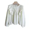 Camisa Elegante de Manga Larga con Volantes para Mujer, Color Sólido, Adelgazante, Antiedad, Estilo Corto, Petite, Puntadas Antiedad, Borde de Oreja