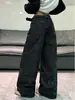 Jeans feminino Y2K de nicho, verde, com bordado pesado de rosas, perna larga, corte curvo, cintura alta, com caimento, solto, calça longa
