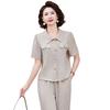 Conjunto de Manga Curta Fashion para Mulheres Verão 2025 Roupa para Mãe Camiseta com Lapela Conjunto para Meia-Idade Calça Reta Conjunto de Duas Peças