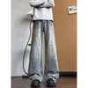 Jeans de hombre para otoño, lavado vintage gris azulado con estampado de relámpagos, pierna ultra ancha, hasta el suelo, retro americano de moda
