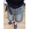 Jeans cropped estilo retrô americano com bordado de cachorro para mulheres, verão 2026 novo shorts solto de perna larga de comprimento médio 7/8