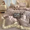 Conjunto de quatro peças em veludo de leite coração de menina grau A, capa de edredom de flanela com renda, lençol de cama, fleece de coral, roupa de cama quente para outono e inverno, 1,8 metros