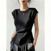 Blusa Elegante de Renda Patchwork com Cintura Ruched Afinando e Fenda para Mulheres, Novo Design de Moda Verão Camiseta Afinando