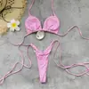 Bikini sexy de tres piezas sin tirantes de cintura baja con estampado de lunares de color sólido 2026 nuevo traje de baño de dos piezas