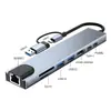 Estação de acoplamento 8 em 1 tipo C transfronteiriça com placa de rede de 100 Mbps, hub USB 3.0, dock de expansão para computador, hub 8 em 1
