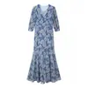 Atacado de Roupas Femininas Transfronteiriças Estilo Europeu e Americano Verão 2026 Nova Moda Gola V Emagrecedor Estampado Vestido Longo