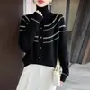 Cárdigan de Punto 100% Lana Otoño/Invierno 2026 Estilo Coreano Rayado Bloque de Color Suéter para Mujer Cuello Solapa Abrigo Holgado Estilo Casual