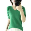 Camiseta de Punto de Manga Corta para Mujer 2022 Verano Nueva Llegada Moda Camiseta de Media Manga Estilosa Adelgazante Moda Escote en V Top Básico