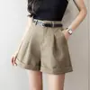 Shorts com bainha enrolada para mulheres, estilo coreano primavera/verão, cintura alta, perna larga, versátil, elegante, modelagem solta, emagrecedor, shorts casuais em A, hot pants