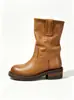 Botas de Caña Media Holgadas de Cuero Genuino, Punta Redonda, Estilo Vintage Desgastado, Tacón Grueso, Sin Cierre, para Otoño/Invierno 2025, Botas de Montar, Botas Martin