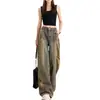 Jeans largos rasgados estilo deserto retrô americano para mulheres, design fino de verão, cintura alta, calças retas largas