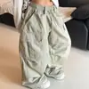 Calça cargo cáqui com múltiplos bolsos e adornos de strass para homens e mulheres, calça larga solta estilo retrô americano para outono com cintura elástica e pregas