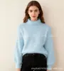 Primavera, Otoño e Invierno 2026 Nuevo Suéter de Punto Holgado de Color Sólido con Cuello Semi-Alto y Mangas de Linterna Estilo Coreano de Piel Sintética de Visón para Mujer