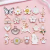 Padrão de Bolsa Feminina com Pingente de Coelho Branco Fofo Pequeno Rena Floral DIY Liga de Alumínio Esmaltada Acessório para Corrente de Celular