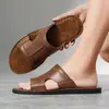 Calçados Masculinos de Verão para Uso Externo Transfronteiriços, Chinelos de Couro Bovino de Primeira Camada, Chinelos Casuais Respiráveis Antiderrapantes de Solado Macio em Couro Genuíno, Chinelos de Praia