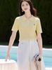 Camisa Polo com Bordado em Tricô de Ponto Trançado Liso Tridimensional, Blusa de Tricô Regular com Ombro Caído para Mulheres, Suéter Fino de Manga Curta para o Verão com um Estilo Fresco