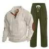 Cross-border masculino outono e inverno novo sportswear duas peças veludo cotelê botão henry camisa e calças retas terno casual