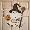 Placa de Boas-Vindas de Madeira de Fantasma Bruxa de Halloween Abóbora Vassoura Fantasma Pendurador de Porta Decoração de Parede de Pátio Placa Pendurada
