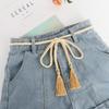 Falda de cintura alta para mujer, con encaje, cinturón fino, tejido a juego, falda de moda con borlas decorativas, vestido de jeans