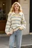 Suéter de malha solta com gola polo listrada estilo europeu e americano para mulheres, novo top com design elegante para outono e inverno