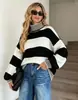 Suéter de Tricô Color Block Listrado Estilo Europeu e Americano Transfronteiriço da Amazon para Mulheres Pulôver Outono Novo Top Solto Gola Meia-alta