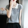 2025 Nuevo Estilo de Verano Tejido de Punto con Cuello Polo de Encaje Trenzado de Bambú Camiseta de Manga Corta para Mujer Camisa Base Bordada de Color Contrastante