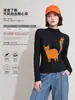 Top fruncido con estampado juvenil de gato naranja, elegante camisa básica blanca de corte ajustado, elegante camiseta adelgazante de cuello semi-alto para mujer