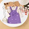 Yaya Comercio Exterior Transfronterizo Primavera Nuevo Color Albaricoque Manga Larga Rojo Vino Vestido con Tirantes Conjunto de Ropa para Niños Lindo y Energético Venta al por Mayor desde el Fabricante