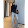 Calça Treasure: Calça Reta de Cintura Alta Emagrecedora com Barra Desfiada e Efeito Drapeado, Calça de Moletom Casual para Mulheres, Novo Modelo 2026 H082912