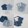 Roupa Infantil Estilo Coreano para Bebês e Crianças Pequenas, Bebês Meninos e Meninas, Conjuntos de Camisas Jeans de Manga Curta e Shorts, Conjuntos de Verão da Moda de Duas Peças