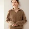 Suéter Casual de Malha Grossa com Tranças de Caxemira para Mulheres, Gola Polo de Manga Longa, Suéter Solto Fashion, Estilo Preguiçoso