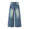 Jeans de mujer estilo retro americano transfronterizos con bolsillos inclinados, corte holgado, adelgazantes, versátiles pantalones de pierna ancha acampanados por Yichun
