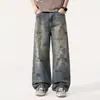 Calça Jeans Vintage Desgastada Estilo Retrô Americano Transfronteiriça para Homens, Marca da Moda Jeans Largo Reto de Perna Larga, Calça Longa Streetwear