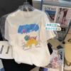 Camiseta de Algodón con Cuello Estampado de Dibujos Animados de Manga Corta para Mujer Verano 2024 Nuevo Holgada Media Manga Camisa Casual