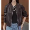 Jaqueta de couro preta estilo americano com gola alta curta para mulheres, novidade outono 2026, jaqueta biker cool e jovem estilo de rua
